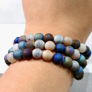 Handmade Mixed Color Druzy Agate Beaded Stretch Elastic Bracelet Set